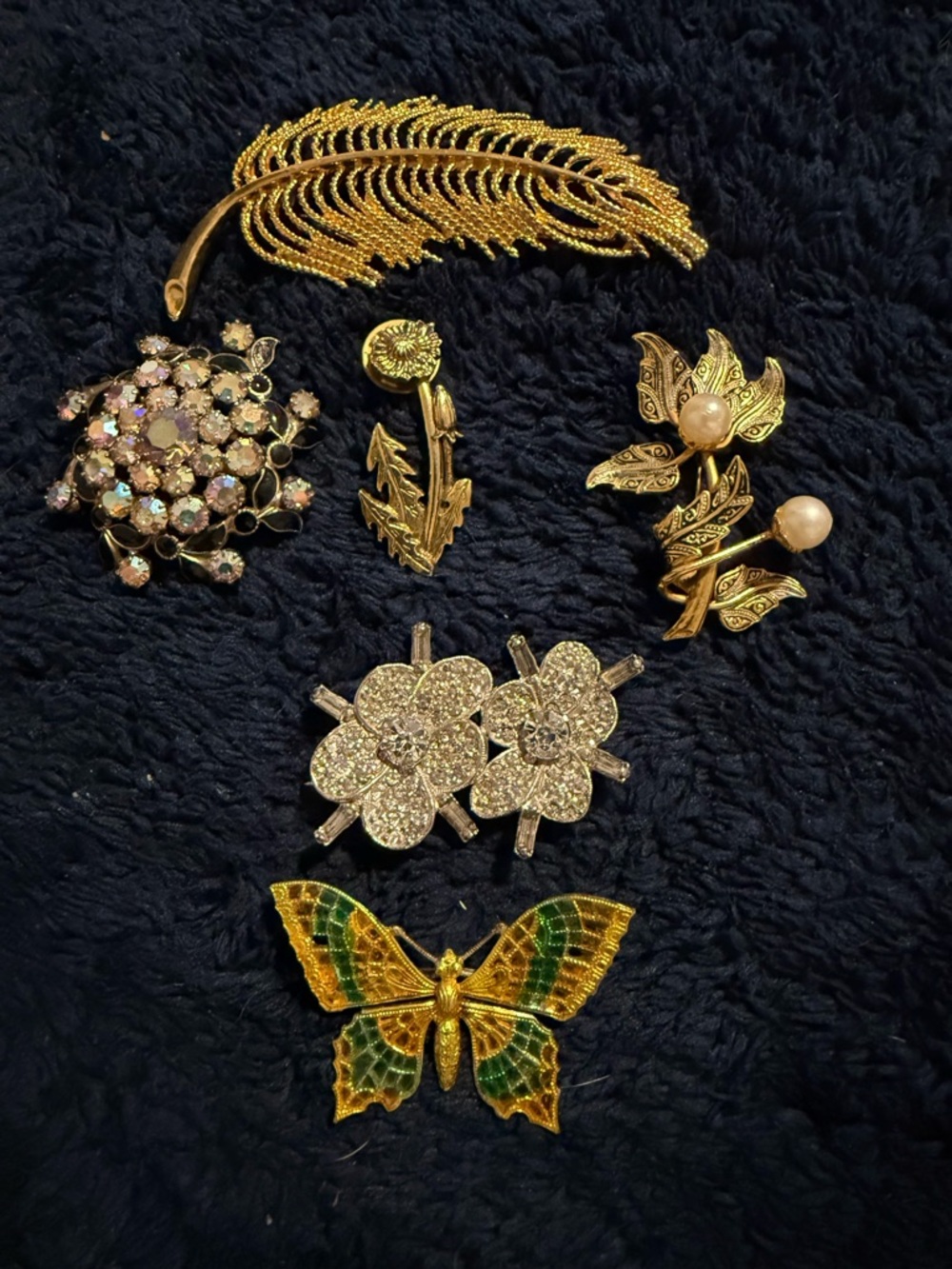 Gold-Tone Floral and Butterfly Brooch Set - Green & Gold Accents